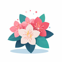 Fototapeta premium Elegant floral arrangement with pink blossoms and lush green leaves against a white backdrop