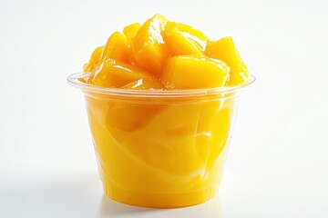 Fresh mango smoothie topped with cubed mango isolated on white background