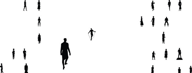 Silhouettes of diverse people, walking, jumping rope, standing, isolated poses, minimal composition, white background, activity, motion, urban lifestyle