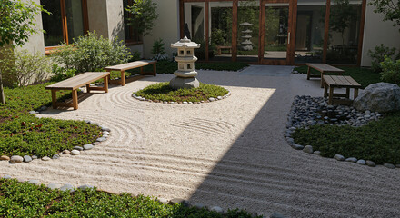 Zen garden with stone lantern and benches surrounded by greenery  