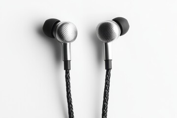 Pair of metal in ear headphones isolated on white background