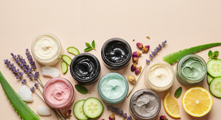 Colorful skincare creams arranged with fresh ingredients on pastel background  