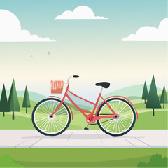 Naklejka premium Whimsical bike ride illustration in a scenic park landscape with trees and clouds