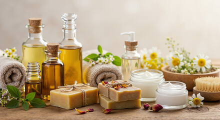 Natural skincare products with oils, soaps, and flowers on wooden table  