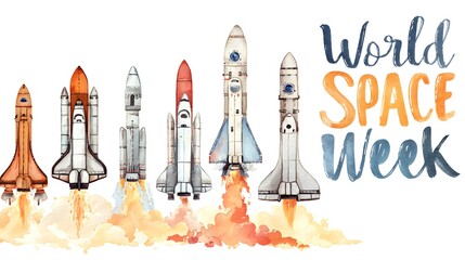 Naklejka premium World Space Week featuring rockets taking off, promoting space exploration
