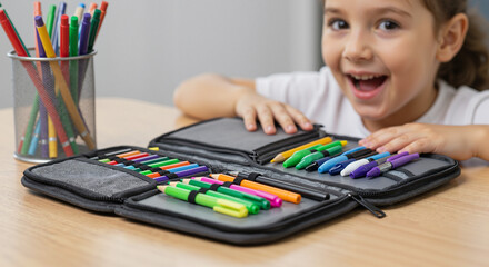 Young girl smiling while organizing colorful markers on a desk  