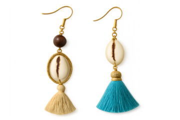 Bohemian Earring Elegance: Exquisite handcrafted earrings showcase unique seashell and tassel accents, celebrating artisanal design with a touch of free-spirited charm.