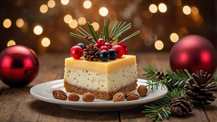 Christmas composition with a piece of cheesecake with Christmas decor on a wooden table and bokeh background.