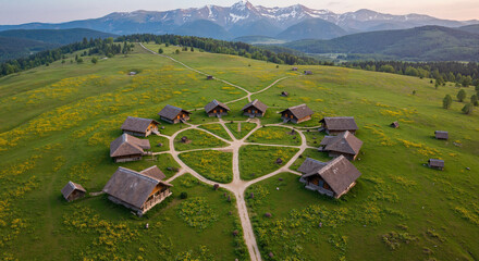 Aerial view of wooden houses in a circular layout on green grass  