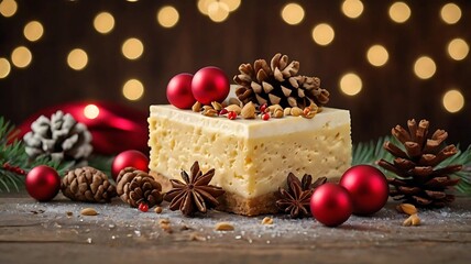 Christmas composition with a piece of cheesecake with Christmas decor on a wooden table and bokeh background.