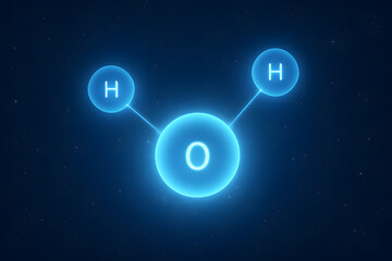 Water Molecule in Neon: A captivating illustration of a water molecule, showcasing the arrangement of one oxygen atom and two hydrogen atoms, visualized with a glowing neon effect.