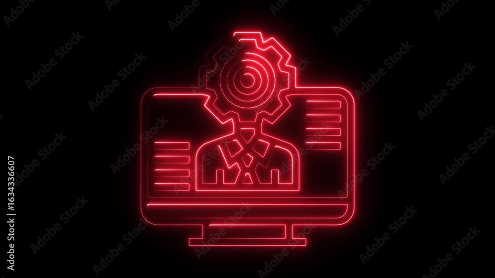 Poster red neon computer gear icon animation loop perfect for tech innovation branding and futuristic digit