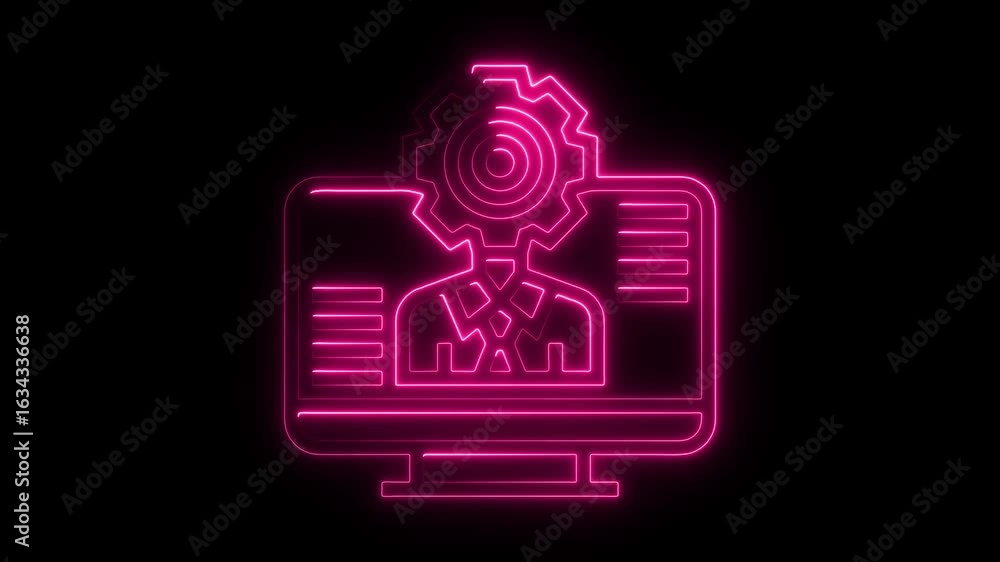 Poster neon tech processing concept animated loop pink glowing computer screen gear icon futuristic digital