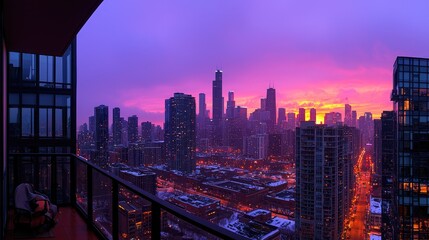 City skyline at sunrise viewed from a high-rise balcony.