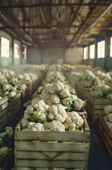 Cauliflower harvested in wooden boxes in a warehouse. Natural organic vegetable abundance. Healthy and natural food storing and shipping concept.