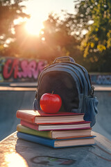 Textbooks, red apple, and backpack rest on a skatepark ramp in golden light—symbolizing contrast between summer freedom and academic focus.