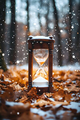 An old hourglass rests on snowy autumn forest floor as twilight snowflakes fall; soft light and shallow focus evoke time's passage in a tranquil seasonal setting.