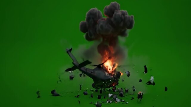 Burning helicopter explodes on a green screen background, debris scattered around.
