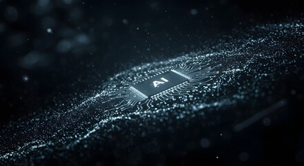 A central microchip with "AI" illuminated, surrounded by flowing particles suggesting data streams and advanced technology.