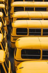 Side view of classic yellow school buses standing in alignment, filling the entire frame, creating a strong visual pattern, nostalgic school transportation concept, perfect for stock photography.