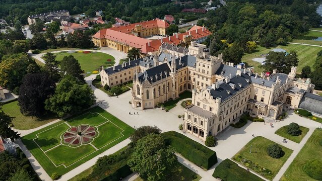 Lednice Castle in Czech Republic, aerial view of historic palace and gardens

