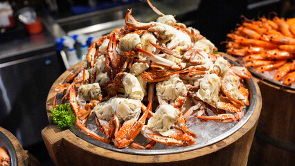 Delicious baked crab and grilled seafood served as a healthy lunch or dinner.