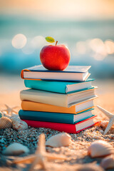 Colorful textbooks with a red apple rest on sandy beach with seashells, starfish, and waves; soft light evokes summer learning and contrast between play and study.