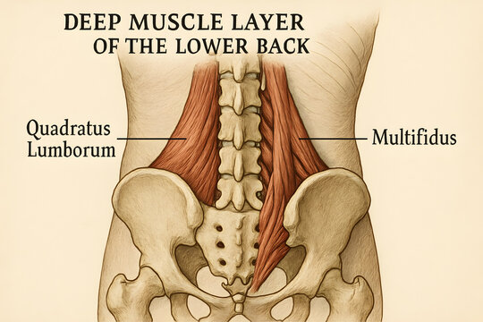 Anatomical Illustration of Lower Back Muscles: Detailed diagram showcases the deep muscle layers of the lower back, with labels indicating the quadratus lumborum and multifidus.