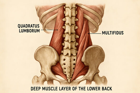 Deep Muscle Anatomy: A detailed illustration showcasing the intricate deep muscle layer of the lower back, featuring key anatomical components.