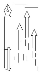 Fountain pen placed beside upward arrows representing growth, innovation, and creativity. Ideal for education, writing, progress, motivation, business achievement learning. A simple flat metaphor