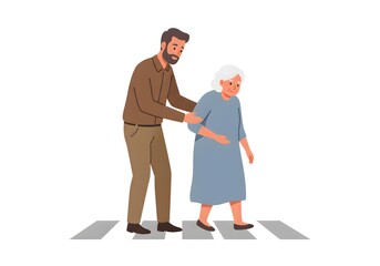 Obraz premium Man Helping Elderly Woman Cross Street Safely