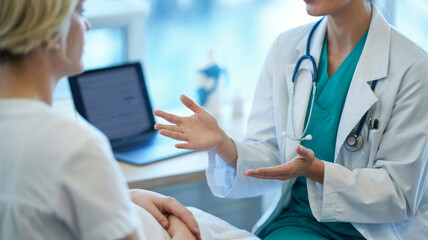 Doctor and patient discussing medical information during a consultation. Doctor talking to senior patient