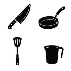 Black silhouette icons of kitchen utensils including a chef knife frying pan spatula and measuring cup