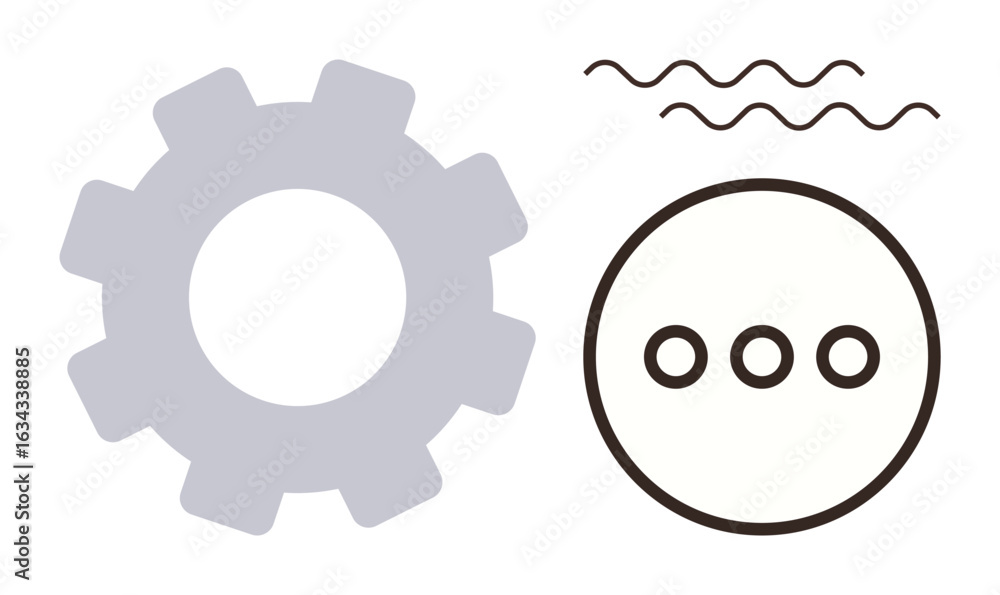 Poster Gear symbolizing settings or system operations, a circle with three dots indicating menuoptions, and wavy lines for fluidity, representing process optimization. Ideal for technology, innovation
