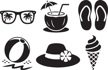 Summer vacation essentials: sunglasses, hat, flip-flops, ice cream, cocktail