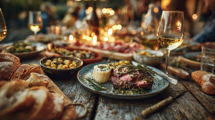 Fototapeta premium Rustic dining table is beautifully set with variety of homemade dishes, including plate of seasoned meat garnished with herbs, surrounded by bread, olives, and wine glasses, creating warm
