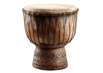 Hand-carved,  brown  drum,  rustic  look.  Wooden  base  with  intricate  patterns