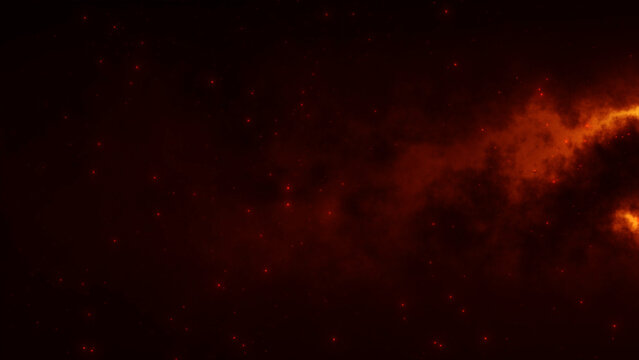 Dark red background with glowing fire particles and floating dust in abstract smoke ambiance.
