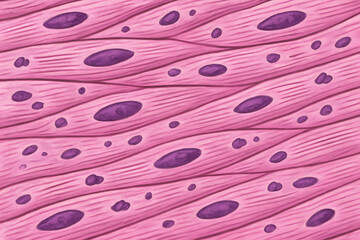 Skeletal Muscle Tissue Illustration: A detailed illustration of skeletal muscle tissue, showcasing the cellular structure and the pink color with distinctive oval shapes and elongated.