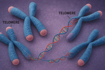 Telomeres: Visual representation of the science and study of telomeres, with a focus on DNA's remarkable structure, offers insights into cell aging, health, and longevity. 
