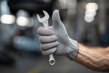 Gray gloved hands holding silver wrench with thumbs-up gesture in workshop setting, symbolizing skilled labor achievement and professional approval.