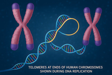 DNA Replication in focus: An artistic illustration showcases the intricate process of DNA replication. Revealing the beautiful interplay of chromosomes and telomeres.