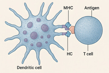 Cellular Encounter: A detailed illustration depicts a close-up view of a dendritic cell interacting with a T cell, highlighting the role of an antigen in the immune response
