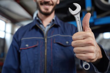 Blue-clad mechanic's hand holding silver wrench in focused workshop scene, symbolizing precision and technical expertise with metallic texture and shallow depth of field.