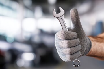 Gray gloved hands holding silver wrench with thumbs-up gesture in workshop setting, symbolizing skilled labor achievement and professional approval.