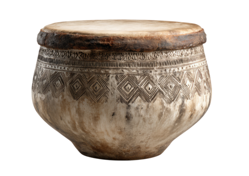 Ancient, handcrafted,  round drum.  Earthenware,  light beige,  dark  brown  patterns,  leather  head