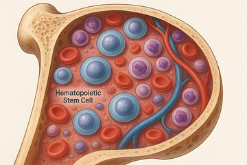 Microscopic Marvel: A detailed, cross-sectional illustration reveals the intricate world of hematopoiesis, showcasing stem cells in a vibrant display of cellular activity.