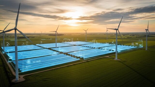 Large Solar Panel Field and Wind Turbines Representing Renewable Energy Grid