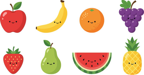 Collection of cute cartoon fruits including apple banana orange grapes strawberry pear watermelon and pineapple