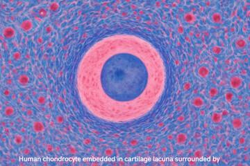 Human Chondrocyte Microscopic View: A detailed microscopic view of a human chondrocyte embedded in cartilage lacuna, a vivid exploration of the body's cellular structure and biological intricacies.